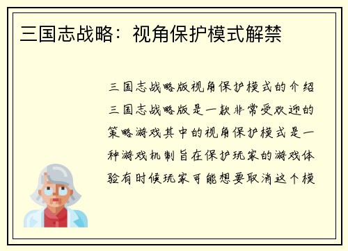 三国志战略：视角保护模式解禁